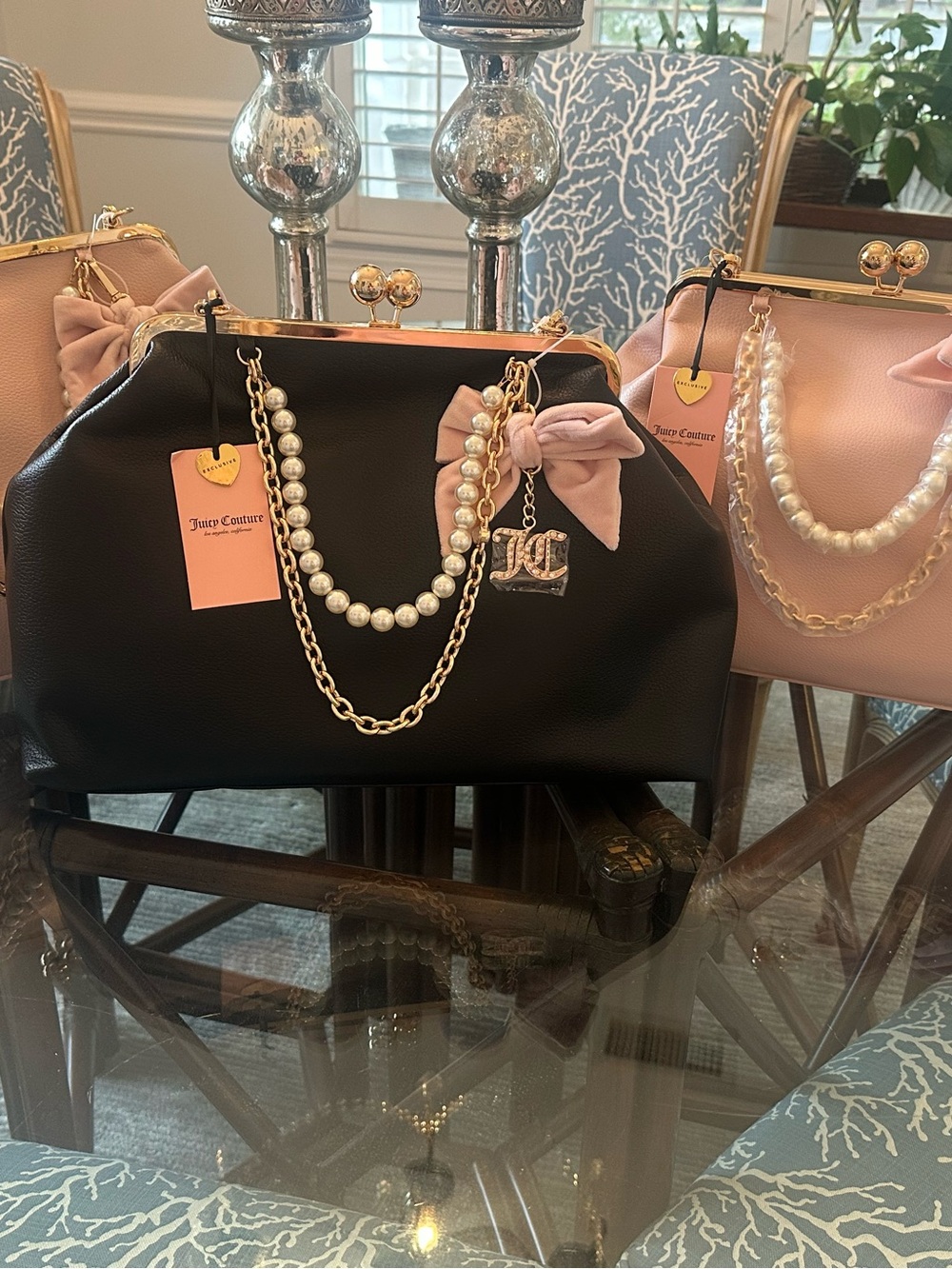 Juicy Couture Black Satchel with Pink Bow & Pearl Chain